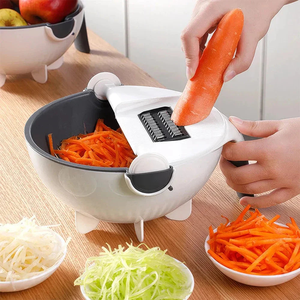 A multifunctional 9-in-1 vegetable slicer with a drain basket, designed for effortless food preparation.