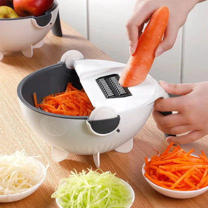 A multifunctional 9-in-1 vegetable slicer with a drain basket, designed for effortless food preparation.