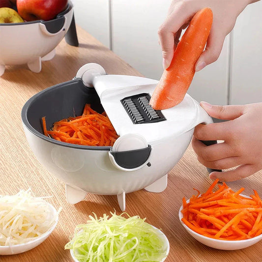 A multifunctional 9-in-1 vegetable slicer with a drain basket, designed for effortless food preparation.