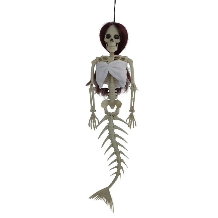 Mermaid bone pendant in various colors, including brown, dark purple, burgundy, and lake blue, hanging outdoors for Halloween decoration