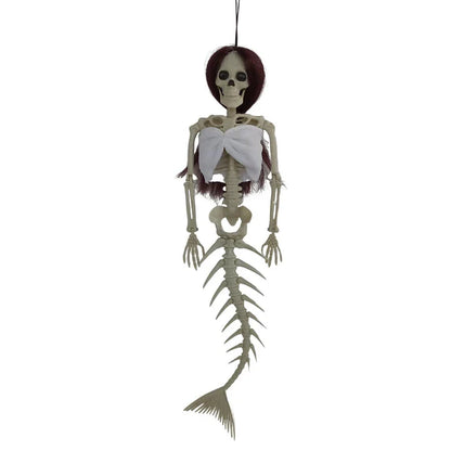 Mermaid bone pendant in various colors, including brown, dark purple, burgundy, and lake blue, hanging outdoors for Halloween decoration