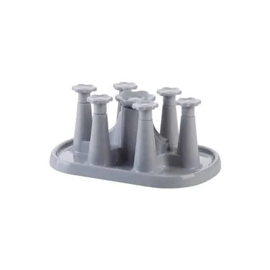 Flower-shaped mug holder rack in white, with 8 slots for organizing and displaying mugs on a kitchen countertop