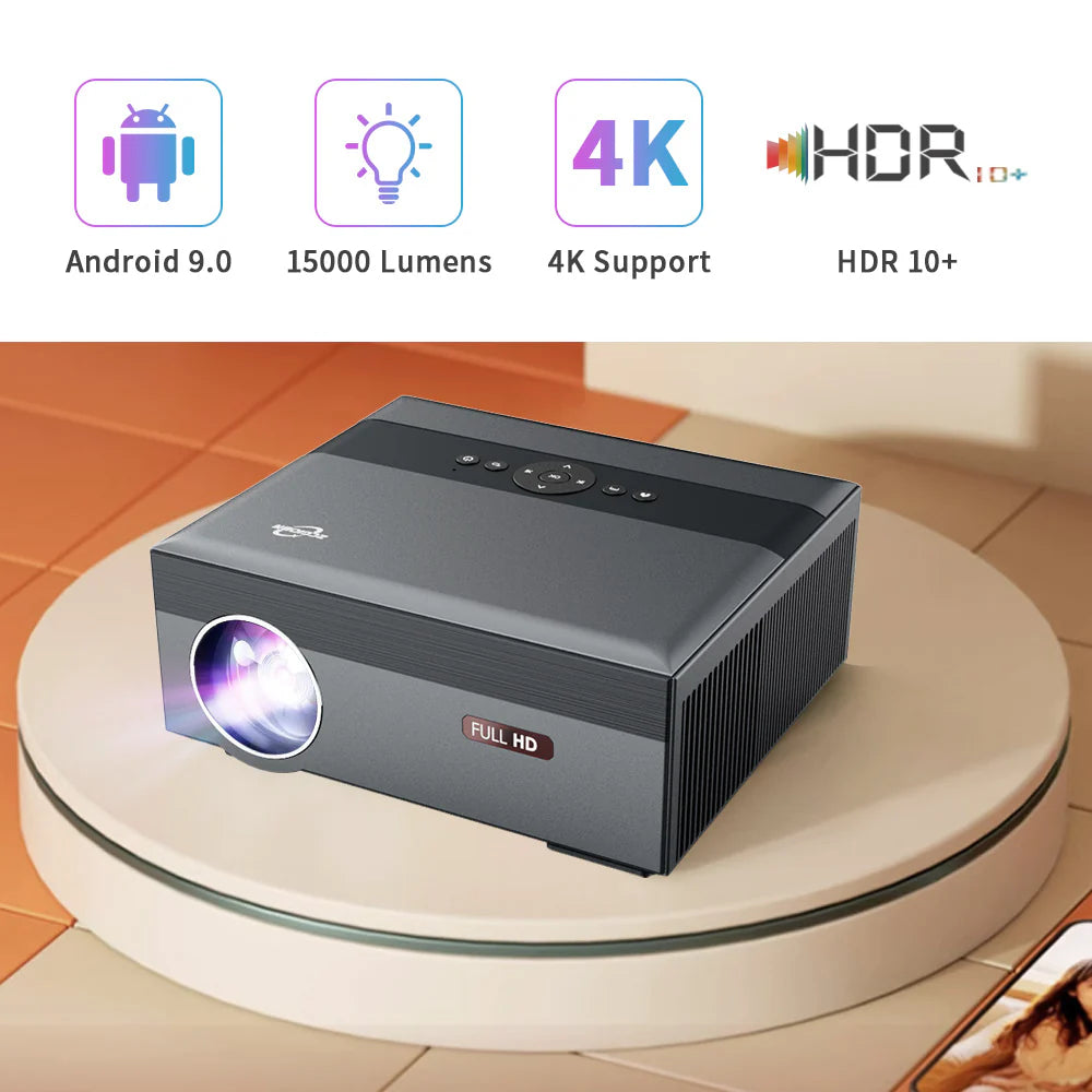 Cinematic 4K 15,000-lumen LED projector with a massive 300-inch display and smart TV features for an immersive home entertainment experience