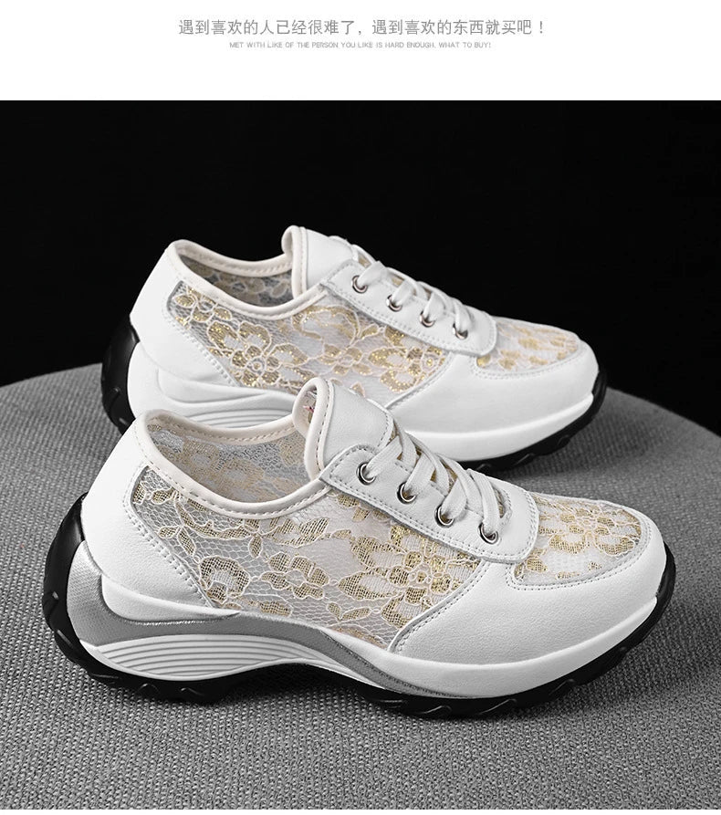 Women's Korean-style embroidered sneakers with breathable mesh upper and rubber sole