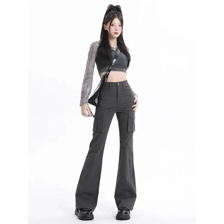 Stylish high-waist slim cargo jeans for modern American women, featuring a sleek silhouette and practical design