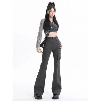 Stylish high-waist slim cargo jeans for modern American women, featuring a sleek silhouette and practical design