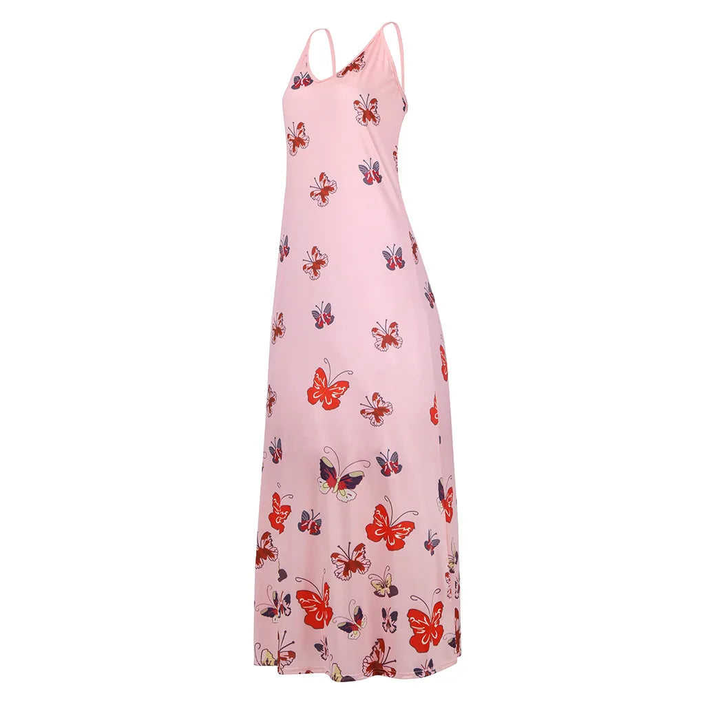 Stylish butterfly print high-waist dress with flowy, swing-style skirt and lightweight, breathable polyester fabric