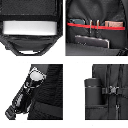 A sleek and stylish anti-theft backpack with a physiological curve back plate for comfortable carrying, made of waterproof and breathable polyester materials.