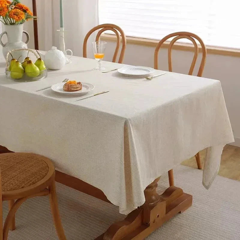 Luxurious linen cotton tablecloth in flax color, perfect for weddings, home parties, and dining events
