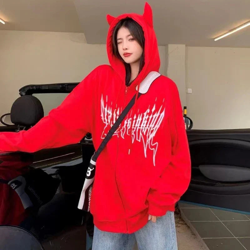 Premium Hooded Zip-Up Printed Sweater in various colors and sizes, showcasing a relaxed fit, full-zip closure, and stylish printed pattern