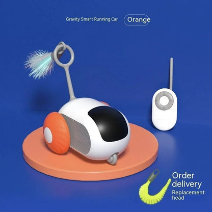 An orange remote-controlled rolling car toy with blinking lights, designed to captivate and entertain cats and kittens.