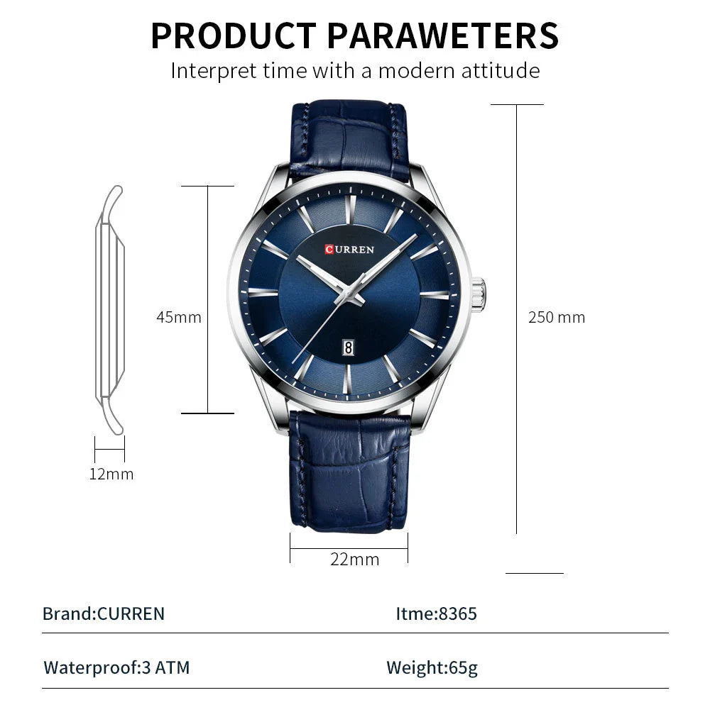 Stylish waterproof men's round belt watch in various color options, including black and white, coffee and white, blue and white, coffee and gold, and gold and black.