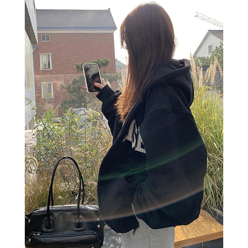 Premium hooded cardigan sweater for women in white grey and black colors, featuring a plush and thickened polyester fabric design