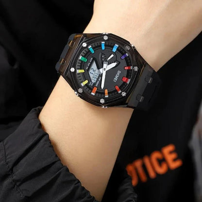 A durable, waterproof digital sports watch with LED lighting for easy reading in any conditions