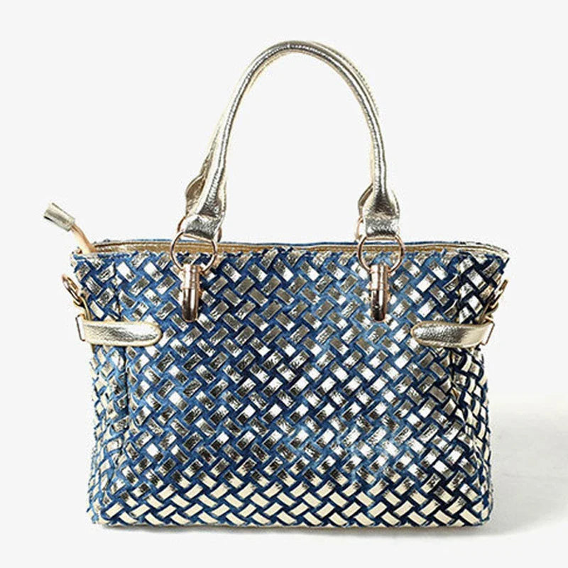 Silver diamond-studded denim messenger bag with adjustable strap and zippered main compartment