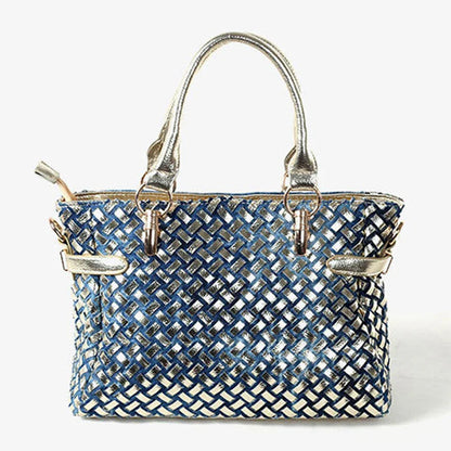 Silver diamond-studded denim messenger bag with adjustable strap and zippered main compartment