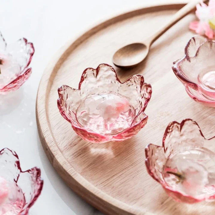 Handcrafted flower-shaped glass salad bowl in vibrant pink color, perfect for serving fresh greens, fruits, and more.
