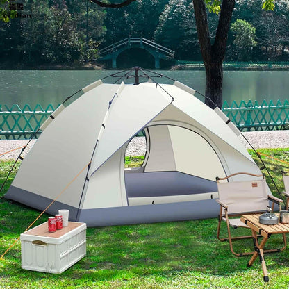 Family camping tent with easy automatic setup, durable 190T polyester fabric, and spacious interior for comfortable outdoor adventures.