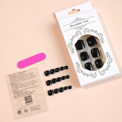 24-piece set of black glossy false toenails for a salon-quality pedicure at home