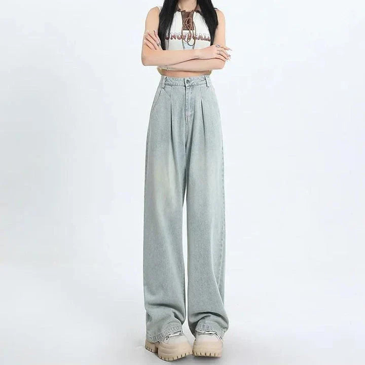Vintage high-waist straight leg women's jeans in premium stripe fabric with decorative buttons and pockets