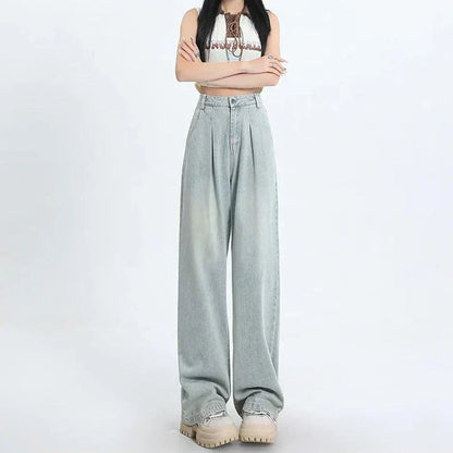Vintage high-waist straight leg women's jeans in premium stripe fabric with decorative buttons and pockets