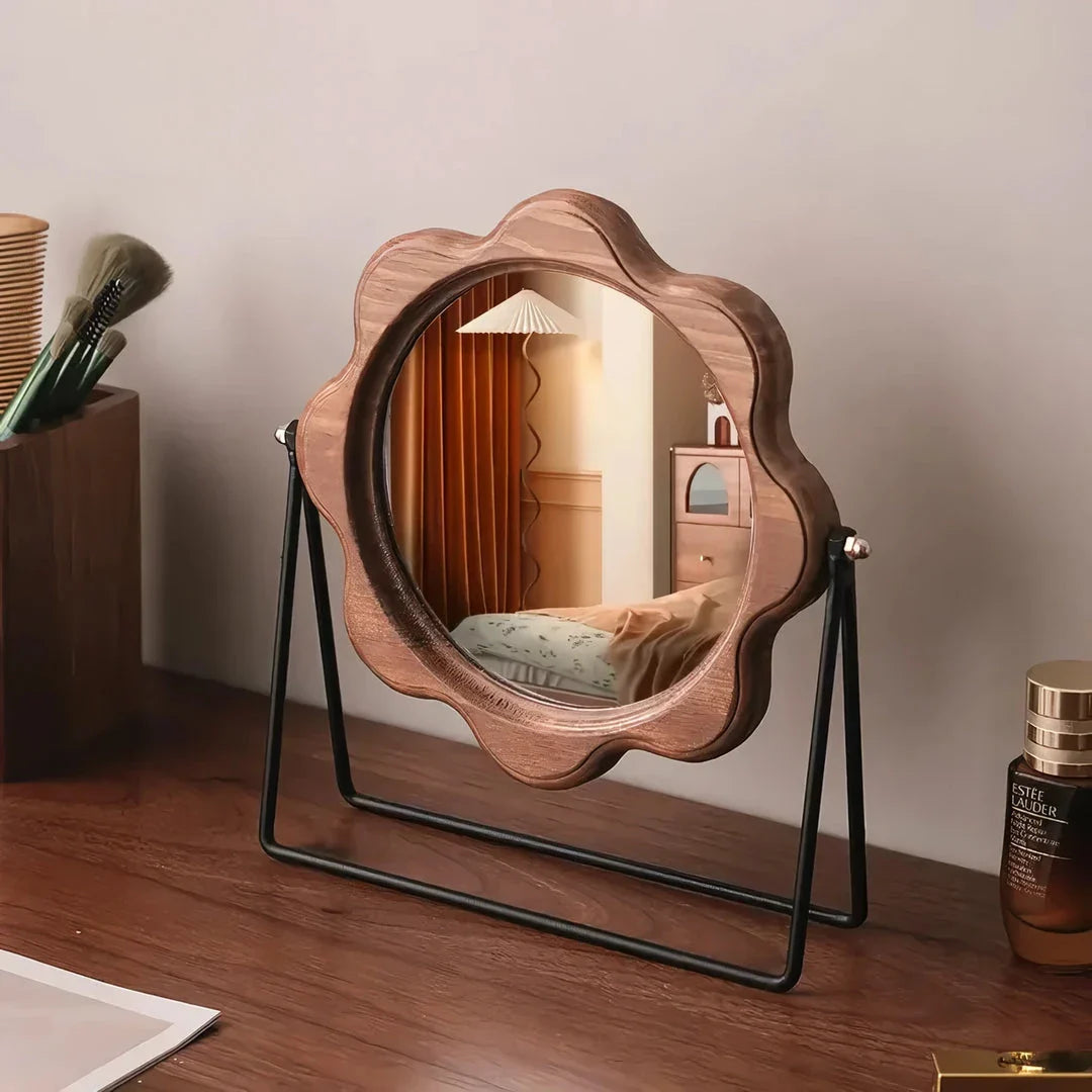 Elegant bronze rotatable desktop makeup mirror with a neoclassical design, perfect for a vanity or desk