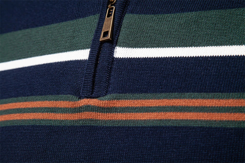 Cozy autumn and winter half-zip sweater in green, dark blue, khaki, and light gray colors