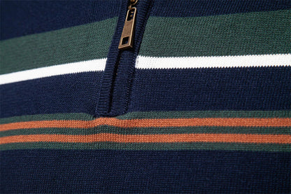 Cozy autumn and winter half-zip sweater in green, dark blue, khaki, and light gray colors