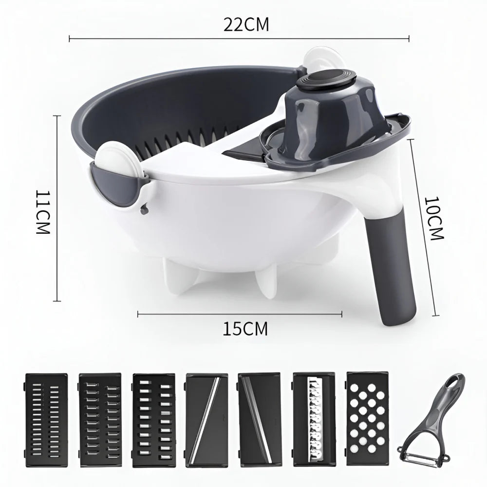 Multifunctional 2-in-1 Vegetable Slicer and Fruit Strainer with slicing disc, grater, and spiralizing accessories