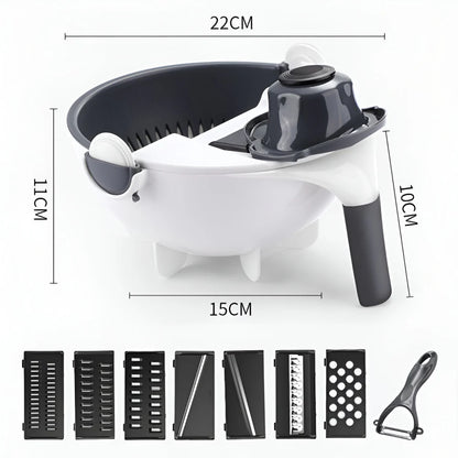 Multifunctional 2-in-1 Vegetable Slicer and Fruit Strainer with slicing disc, grater, and spiralizing accessories