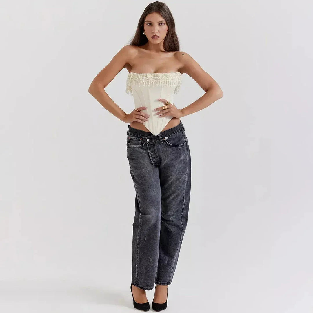 Chic strapless corset top with beaded tassels in white color, perfect for beach parties and special events