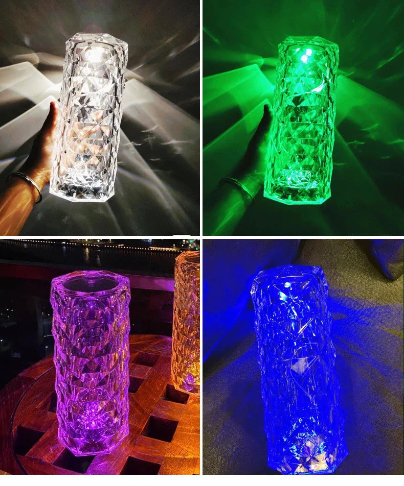 Elegant diamond-inspired crystal lamp with touch-sensitive dimming controls, providing adjustable ambient lighting for bedrooms and living spaces.