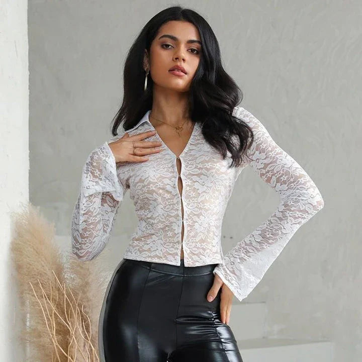 Chic Lace Flare Sleeve T-Shirt with Stylish Turndown Collar - A versatile summer fashion essential crafted from premium polyester