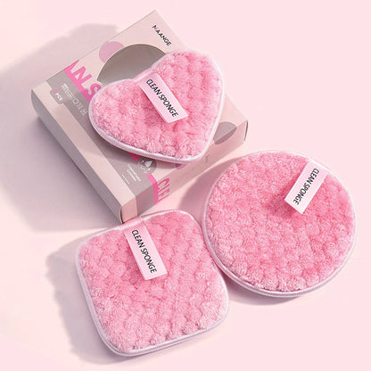 Premium 3-Piece Reusable Makeup Removal Sponge Set in pink color with various shaped microfiber suede pads and storage box