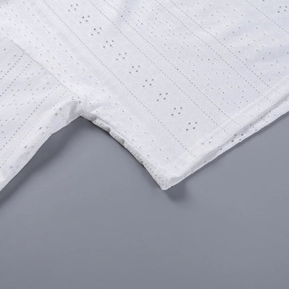 Trendha Women's Long Sleeve Pullover Top and Shorts Set in White, featuring a chic hollow-out design and flattering slim fit