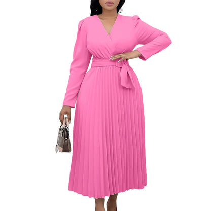 Luxurious long sleeve pleated Africa dress with lace-up neckline, available in multiple colors and sizes