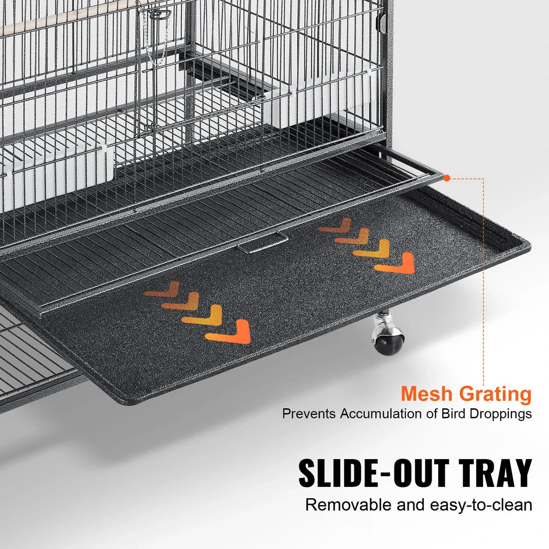 A large, spacious bird cage made of premium carbon steel, featuring smooth-rolling wheels and a removable slide-out tray for easy cleaning.
