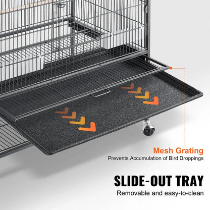 A large, spacious bird cage made of premium carbon steel, featuring smooth-rolling wheels and a removable slide-out tray for easy cleaning.