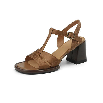 Genuine leather gladiator sandals with chunky heel, open-toe design, and secure buckle strap closure for summer style