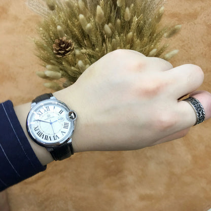 Stainless steel men's watch with large dial, calendar function, and adjustable band