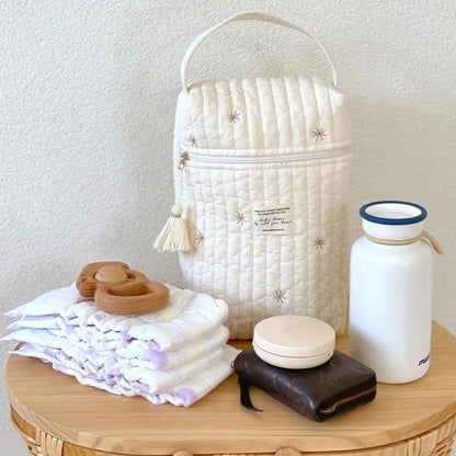 Floral embroidered mommy bag with multiple compartments and secure zipper closure for organized storage