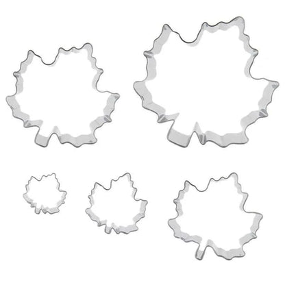 Maple leaf shaped stainless steel cookie cutter in various sizes, an eco-friendly baking tool for creating unique cookies