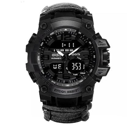 Outdoor survival watch with compass, parachute cord, and water-resistant design for rugged adventures