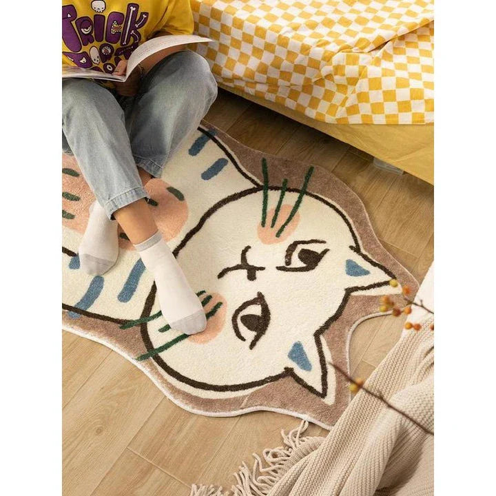 Cozy cartoon cat-themed rug with plush, non-slip design for living room, bedroom, or balcony decor