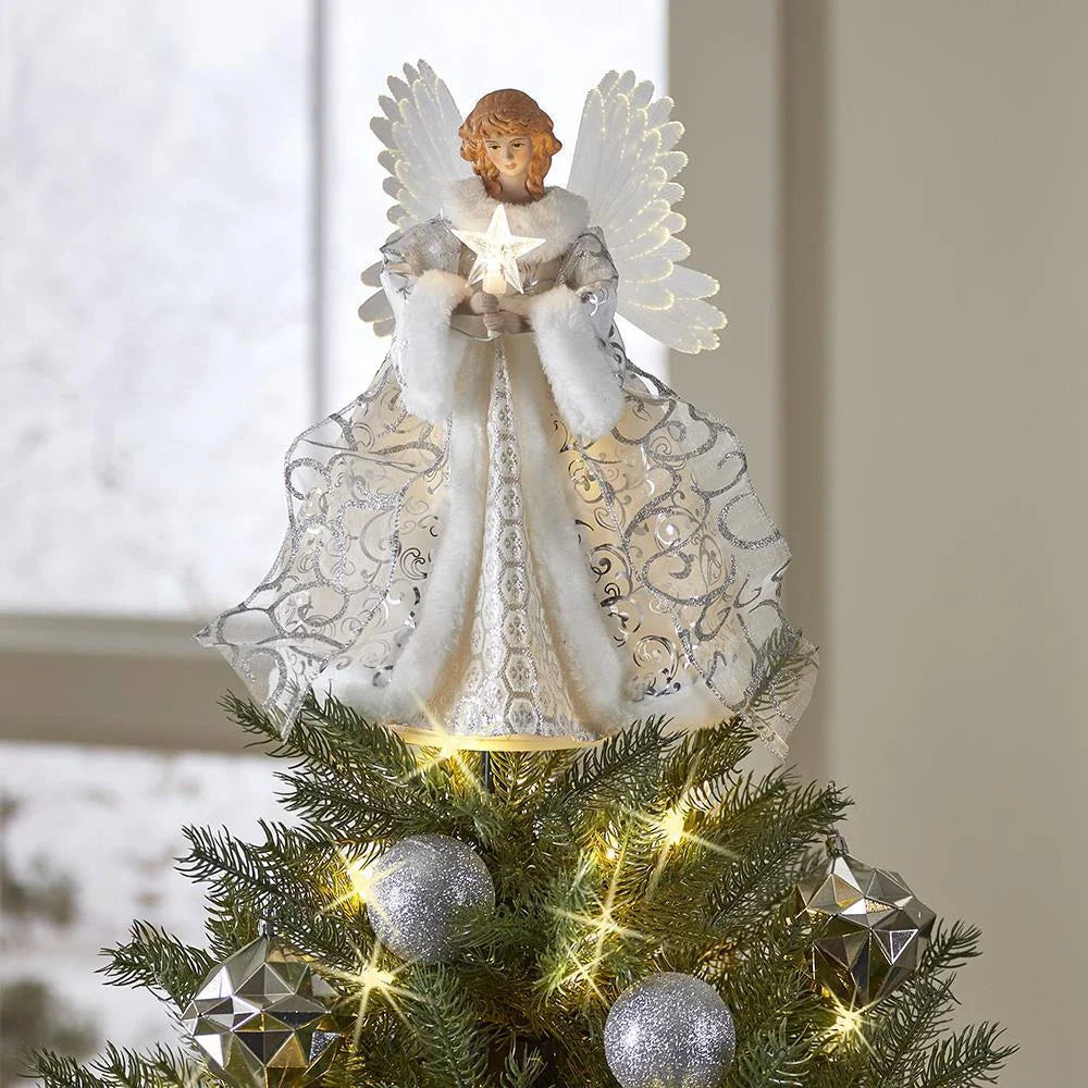 Glowing Christmas tree topper with festive angel doll decoration in acrylic with LED lighting