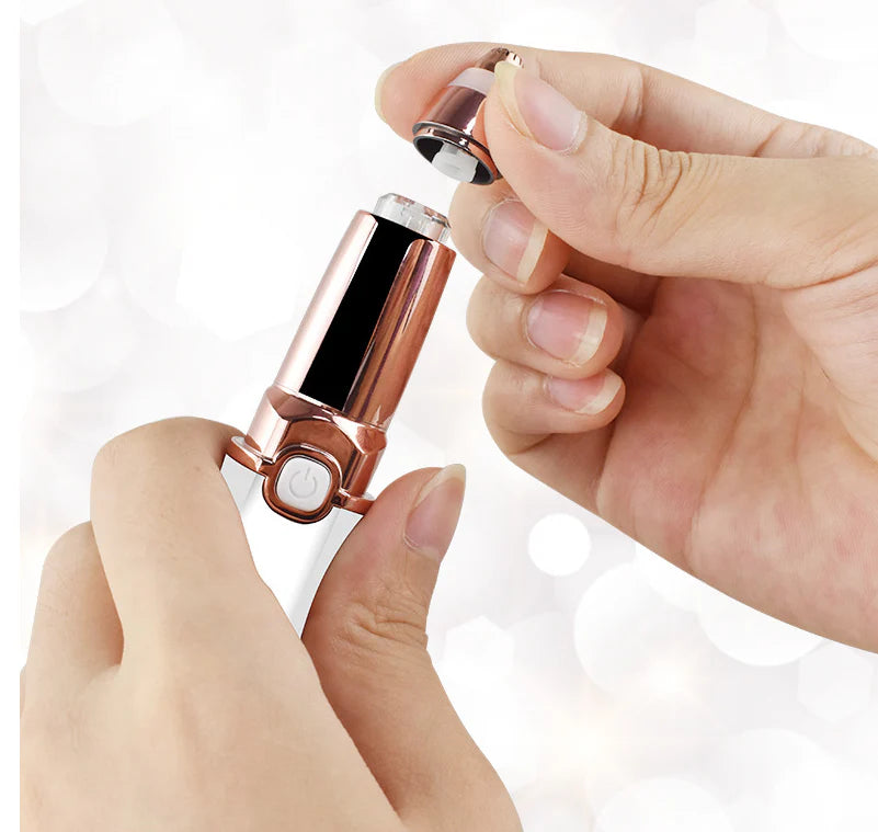 2-in-1 cordless lipstick-style eyebrow trimmer and face shaver in white color, with charging cable and cleaning brush