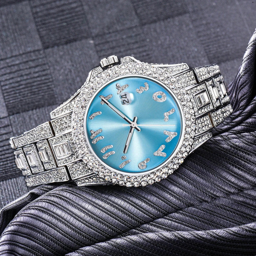 American-designed diamond-encrusted waterproof quartz watch with gold-plated stainless steel construction