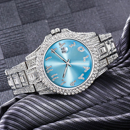 American-designed diamond-encrusted waterproof quartz watch with gold-plated stainless steel construction