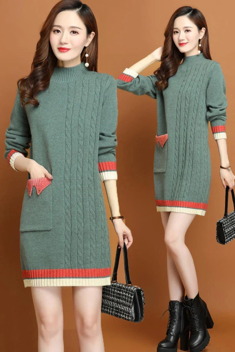 Hhomeenjoy Comfortable Mid-Length Knit Dress with Cozy Turtleneck