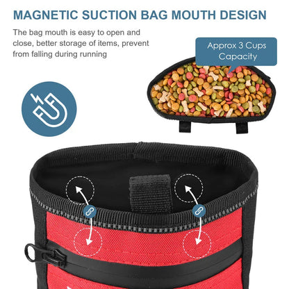 A durable and waterproof dog treat pouch with a magnetic closure, large capacity, and versatile wearing options for hands-free training sessions.